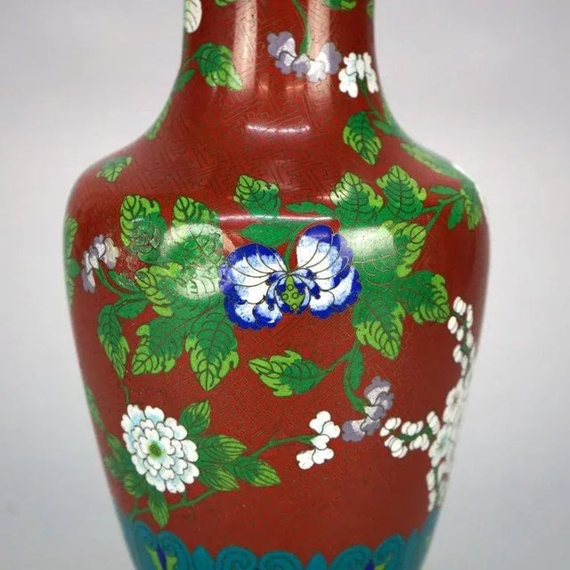 Metal Antique Chinese Cloissone Enameled Vase with Bronze Base, Garden Themed, Circa 1900 For Sale - Image 7 of 11