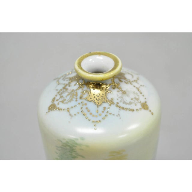 Art Nouveau Antique Nippon Hand Painted Pink Rose & Lake Scene Small Porcelain Cylinder Vase For Sale - Image 3 of 14