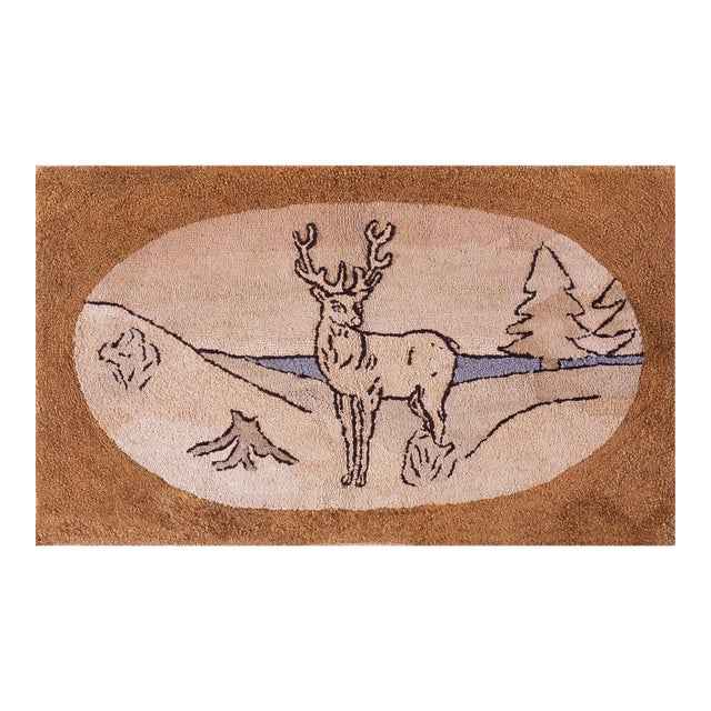 1930s Ivory Brown Animalia Folk Art Antique American Hooked Rug Hand Knotted 2'0" X 3'4" Wool Carpet For Sale