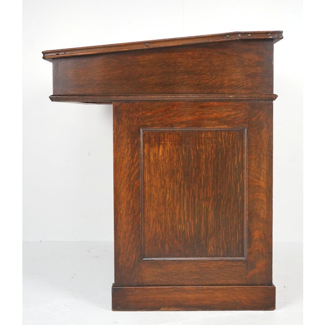 Antique Black Leather Top Oak Slanted Writing Desk For Sale - Image 14 of 16