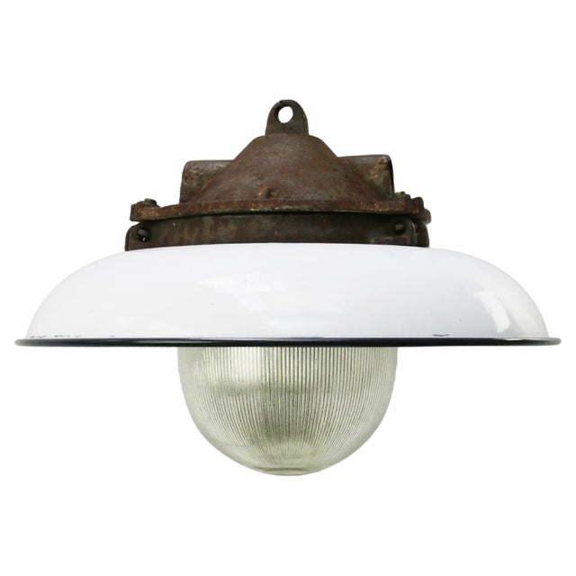 Industrial White Enamel and Cast Iron Holophane Glass Pendant Light, 1950s For Sale