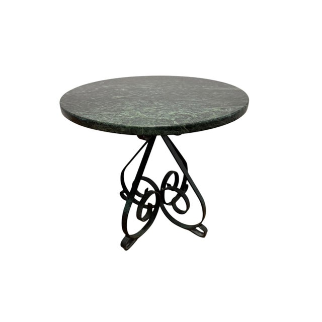 1940s Vintage Verde Marble Round Side Table With Wrought Iron Scrollwork, c.1940s For Sale - Image 5 of 10
