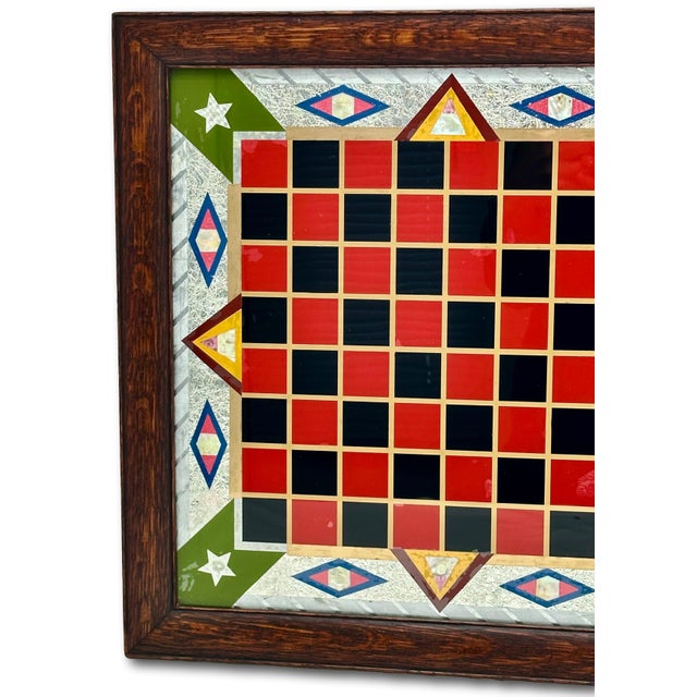 Fancy & Colorful Antique Oak Framed Reverse Painted Glass With Abalone Shell & Silver Foil Backed Wall Hanging Game Board For Sale - Image 14 of 18
