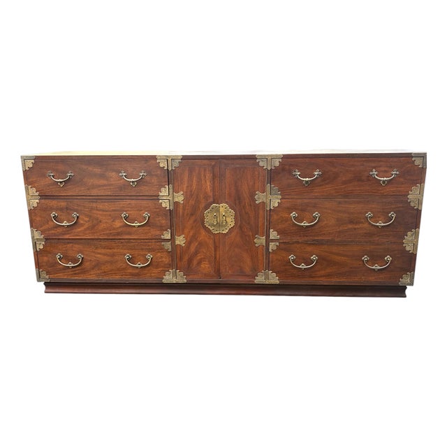 Vintage 80” MCM Henredon Pan Asian Brass Mounted Credenza Dresser For Sale