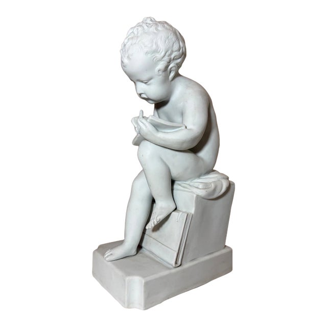 Large French Canova 19th Century Parian Figure Seated Cherub Statue Sculpture For Sale