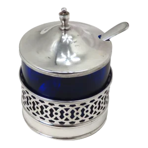 Vintage Mid 1900s American Sterling Silver & Cobalt Glass Mustard Pot & Spoon Set