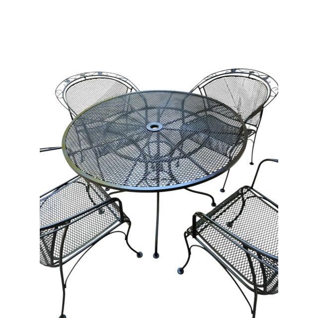 Wrought Iron Russell Woodard Restored Indoor/Outdoor Table With 4 Barrel Chairs For Sale - Image 10 of 11
