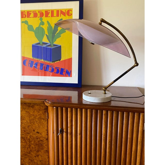 Mod. Orleans dome table lamp, lightly-smoked violet perspex domed shade. Stilux, Milano Italy, 1955 Carrara marble, brass,...