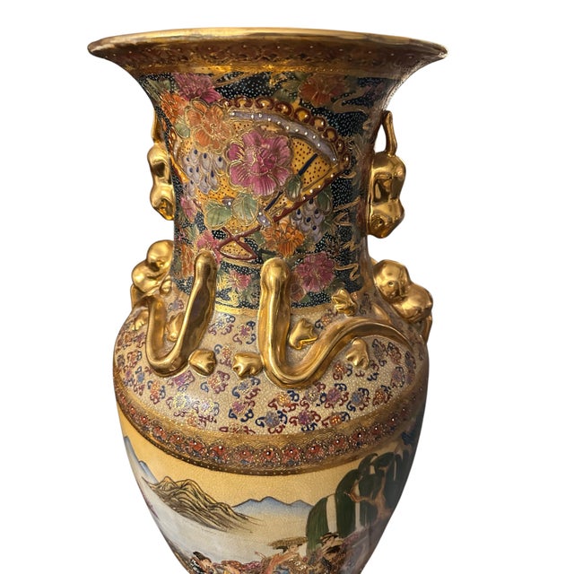 Vintage Royal Satsuma-Style Hand-Painted Porcelain Floor Vase With Gilt Dragon Handles For Sale - Image 12 of 12