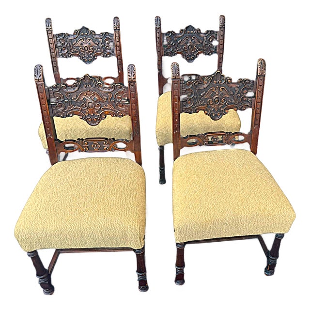 Baker Furniture Attributed 1920s Antique Carved Walnut Renaissance Revival Dining Chairs With New Kravet Seat Upholstery - Set of 4 For Sale
