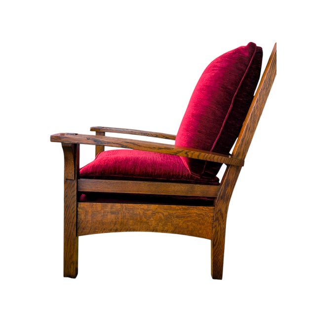 Brown Stickley Mission Collection Oak & Velvet Bow Arm Lounge Chair (Model 89-2590) For Sale - Image 8 of 16