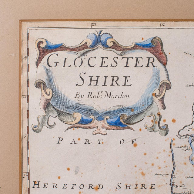 Early 18th Century Antique Framed Gloucestershire Map, English Atlas Engraving, Cartography, c.1700 For Sale - Image 5 of 12
