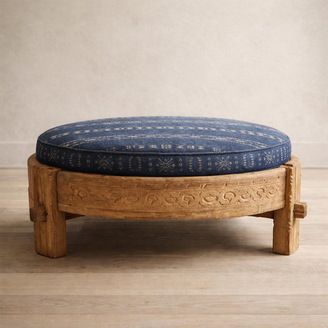 Vintage Indian Boho Chakki Grinder Wood Coffee Table / Ottoman For Sale - Image 4 of 4