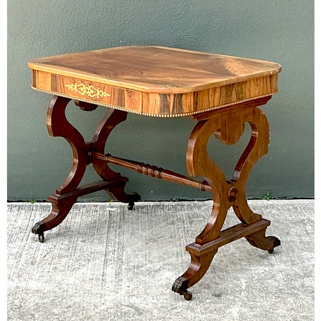 Vintage Wood and Brass Inlaid Side Table For Sale - Image 9 of 12