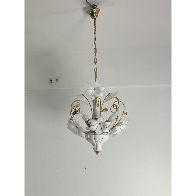 Metal Venetian 3-Light Chandelier with Murano Glass Flowers, 1970s For Sale - Image 7 of 8