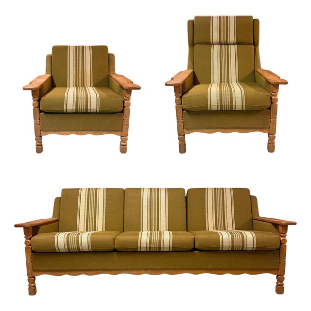 Mid 20th Century Danish Oak & Wool Sofa Set by Henning Kjærnulf, Attributed For Sale