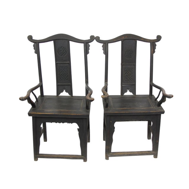 Chinese Antique Chinese Black Armchairs - a Pair For Sale - Image 3 of 12