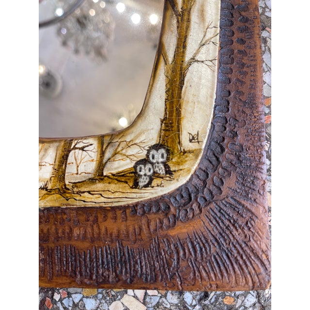 Wood 1960s Rectangular Mirror in Wood and Talosel Representing Two Owls in the Forest, France For Sale - Image 7 of 11