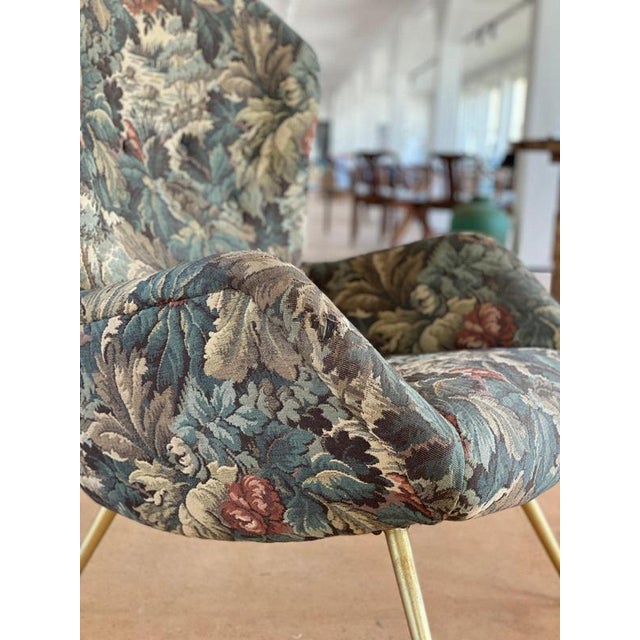 Mid-Century Italian Wing Armchair with Floral Pattern in Jacquard Fabric, 1950s For Sale - Image 3 of 8