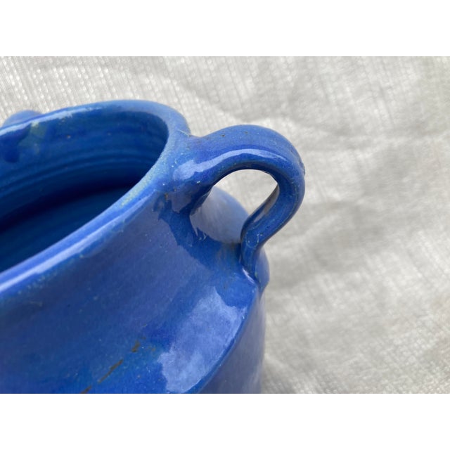 Vintage Blue Three Handle Pottery Jar Vase For Sale - Image 13 of 16
