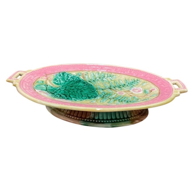 Antique Victorian Majolica Oval Pedestal Dish With Botanical & Greek Key Motif For Sale In West Palm - Image 6 of 12