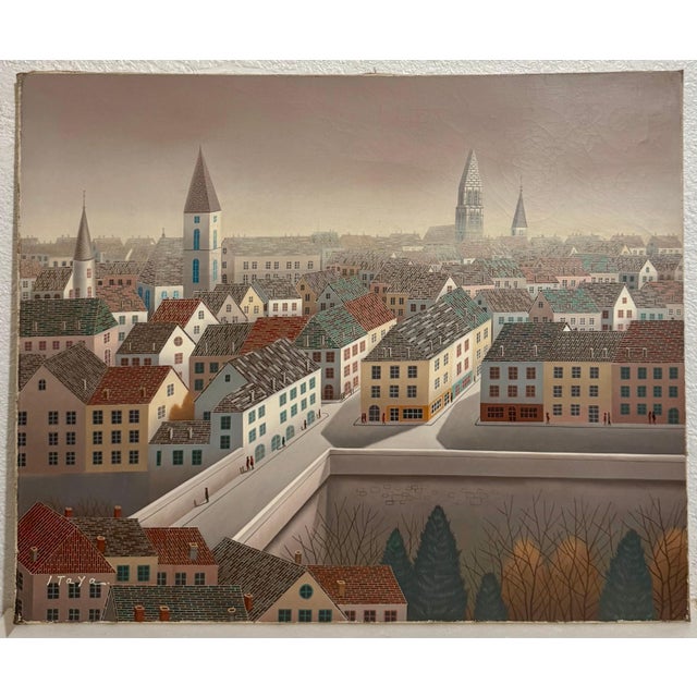 Foussa Itaya, Large Surrealist French Japanese European Cityscape Oil painting Foussa Itaya, c.1950's For Sale In Miami - Image 6 of 10
