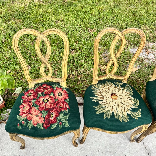 Rococo Vintage Rococo Style Wooden Floral Needlepoint Dining Chairs - Set of 4 (No Captain Chair) For Sale - Image 3 of 12