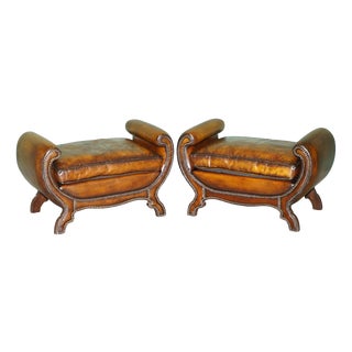 Antique Edwardian Sculptural Leather Scroll End Ottomans, 1910, Set of 2 For Sale