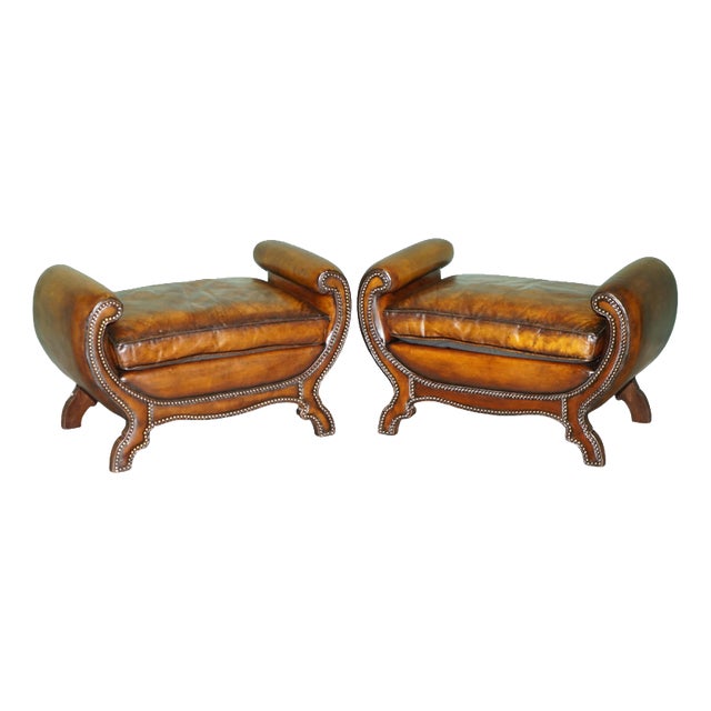 Antique Edwardian Sculptural Leather Scroll End Ottomans, 1910, Set of 2 For Sale