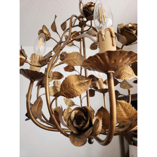 Hollywood Regency 4-Light Floral Chandelier in Hand-Forged Dark Gilt Metal with Rose and Leaf Ornaments, 1960s For Sale - Image 15 of 18