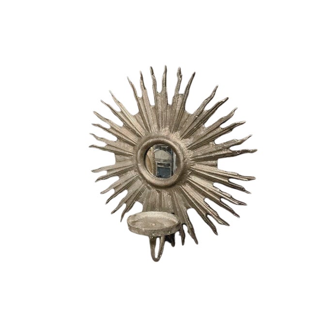 1970s Italian Hollywood Regency Gilt Metal Sunburst Mirrored Wall Candle Sconces — Pair For Sale - Image 4 of 4