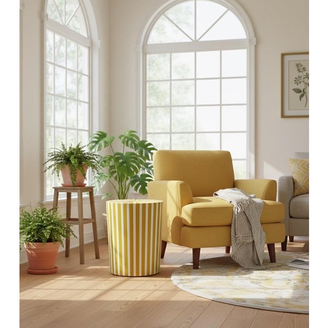 Plastic Contemporary Moroccan Resin-Inlay Sunburst Drum Stool or Side Table in Ochre & White For Sale - Image 7 of 9