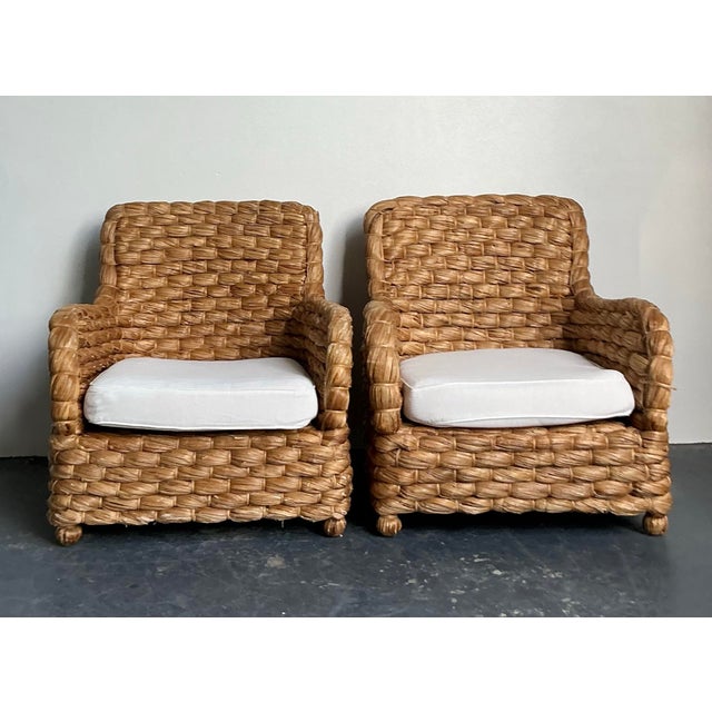 Wood Vintage Boho Wrapped Seagrass Lounge Chairs - A Pair For Sale - Image 7 of 12