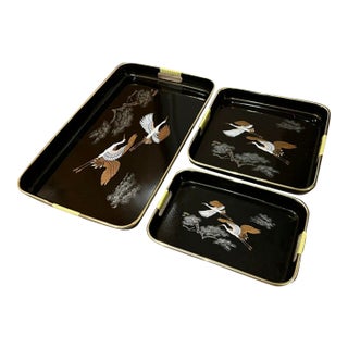 Set of 3 Mid 20th Century Japanese Maki Style Black Lacquer Effect Resin Two Trays Gold Painted Cranes For Sale
