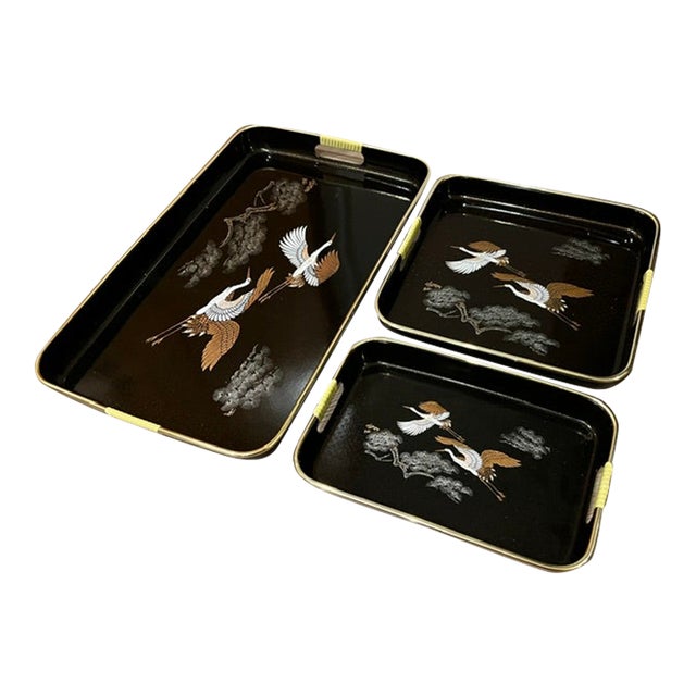 Set of 3 Mid 20th Century Japanese Maki Style Black Lacquer Effect Resin Two Trays Gold Painted Cranes For Sale
