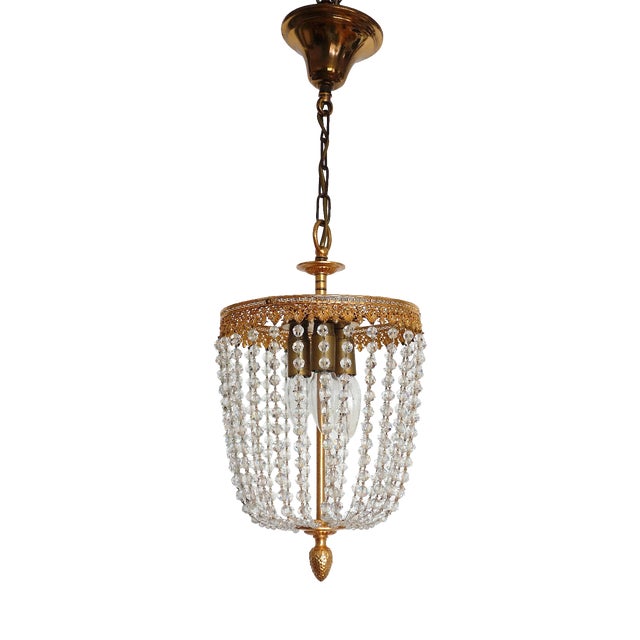 Brass Lead Crystal Pearl Three Lights Chandelier, 1960s For Sale