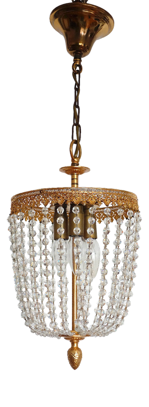 Brass Lead Crystal Pearl Three Lights Chandelier, 1960s