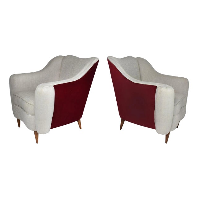 Pair of 1950s Italian Armchairs in Linen and Velvet, Attributed to Gio Ponti For Sale