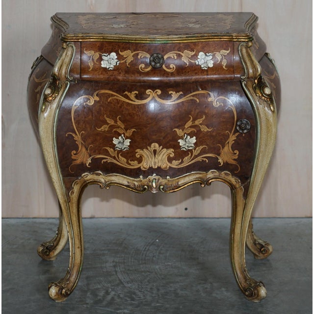 French Marquetry Inlaid Walnut & Marble Bedside Tables with Drawers, Set of 2 For Sale - Image 12 of 18