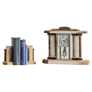 Set of 3 French Art Deco Clock + Bookends, 1930s For Sale