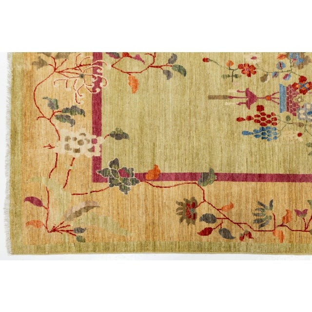 Textile Sage Green Modern Chinese Style Wool Area Rug – Hand-Knotted Chinoiserie Floral For Sale - Image 7 of 11