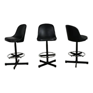 1970’s Mid Century Modern Samsonite Black Vinyl Faux Leather & Chrome Bar or Counter Stools Set of 3