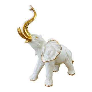 Vintage 1980s Huge White & Gold Ceramic Statue With Trunk Up / Blanc De Chine For Sale
