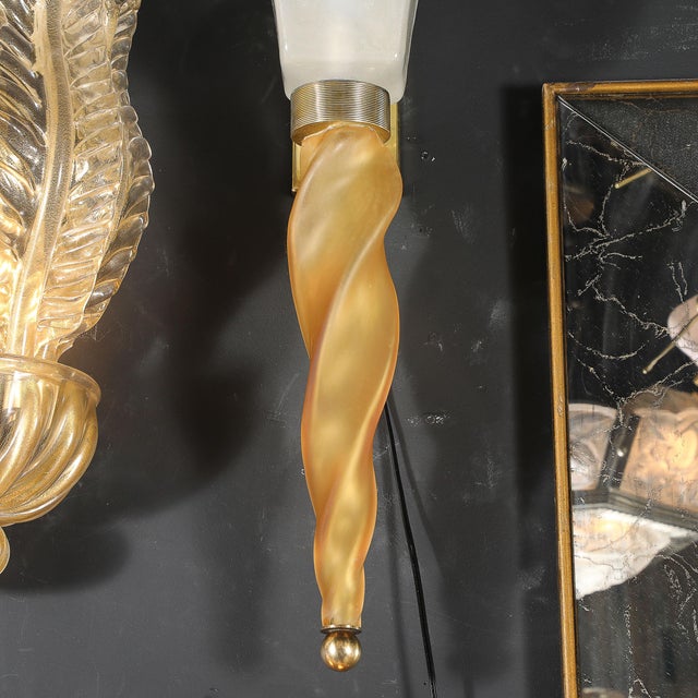 Mid-Century Hand-Blown Murano Frosted Glass Sconces With Spiral Amber Drop For Sale - Image 16 of 18