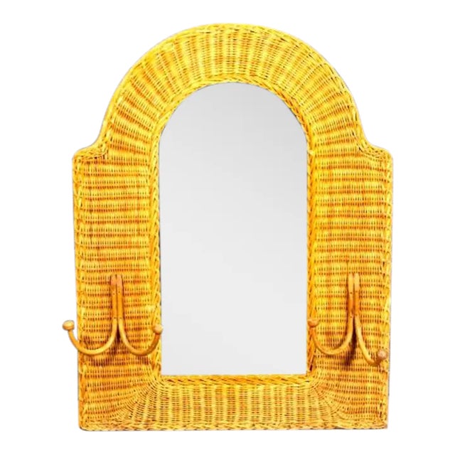 Vintage Wicker Mirror With Hooks Frame For Sale