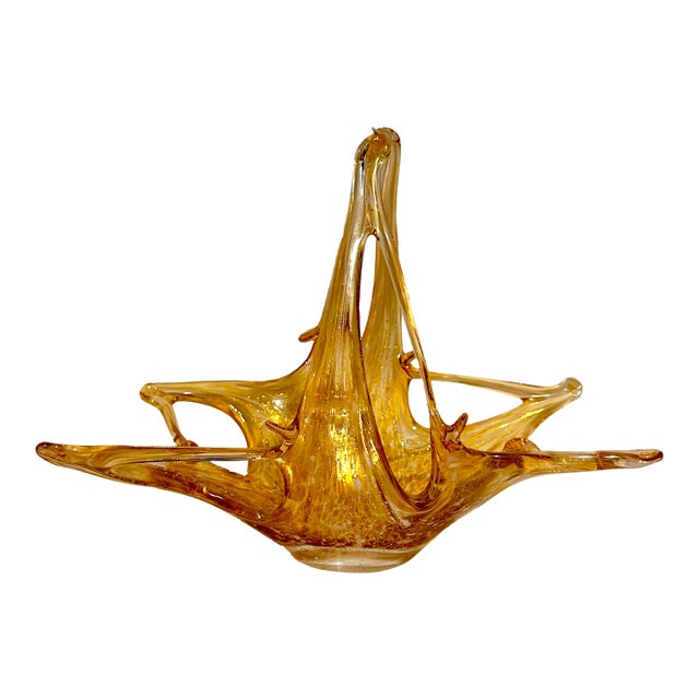 Vintage Murano Amber With Gold Fleck Decorative Art Glass Basket Bowl For Sale