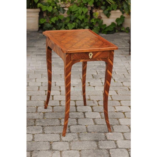 Italian 1820s Walnut Side Table with Marquetry Top, Inlaid Legs and Side Drawer For Sale - Image 11 of 11