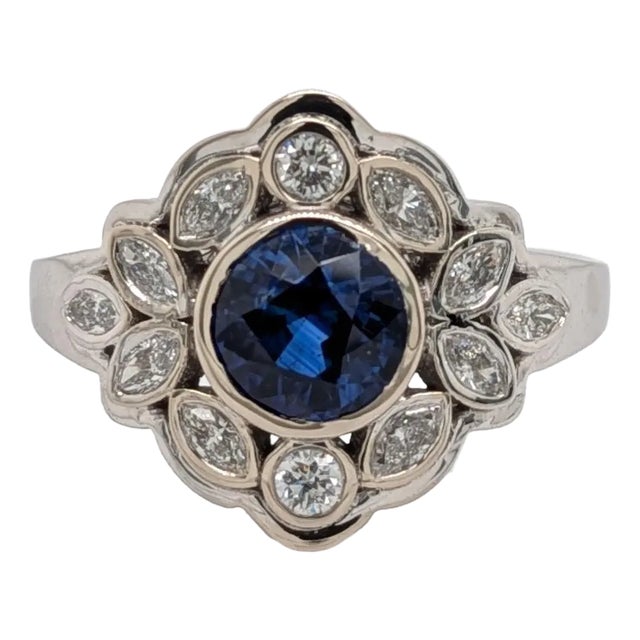 Vintage Inspired 2cts Ceylon Sapphire Ring W Natural Diamonds in 14k Solid Gold, Size 6.75 For Sale