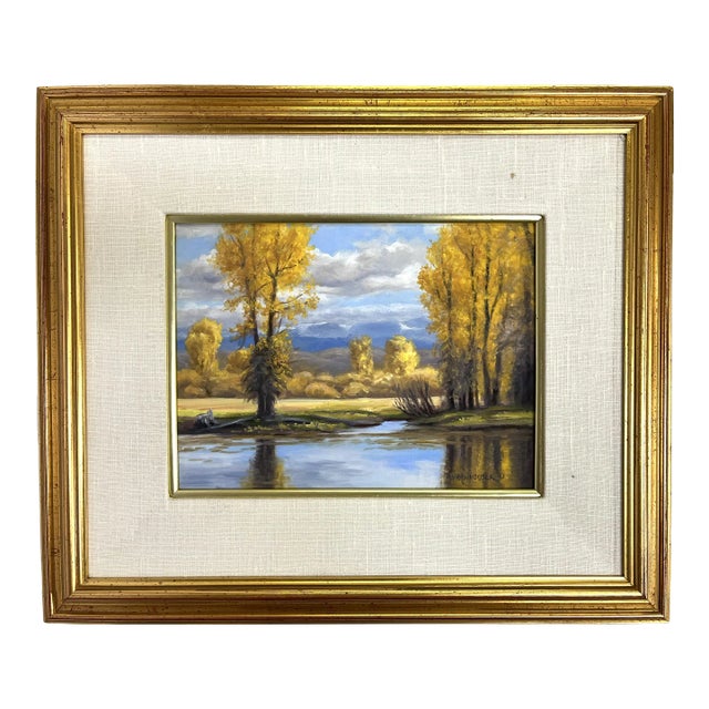 Ruth Rawhouser (Wyoming, Present) Signed Original Oil Painting on Board "September Cottonwoods" Circa 1992 For Sale