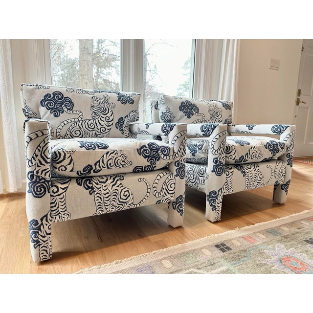 Mid 20th Century Mid-Century Modern Baughman Style Parsons Chairs With Ethan Allen Tenzing Silver Fabric- Set of 2 For Sale - Image 5 of 12